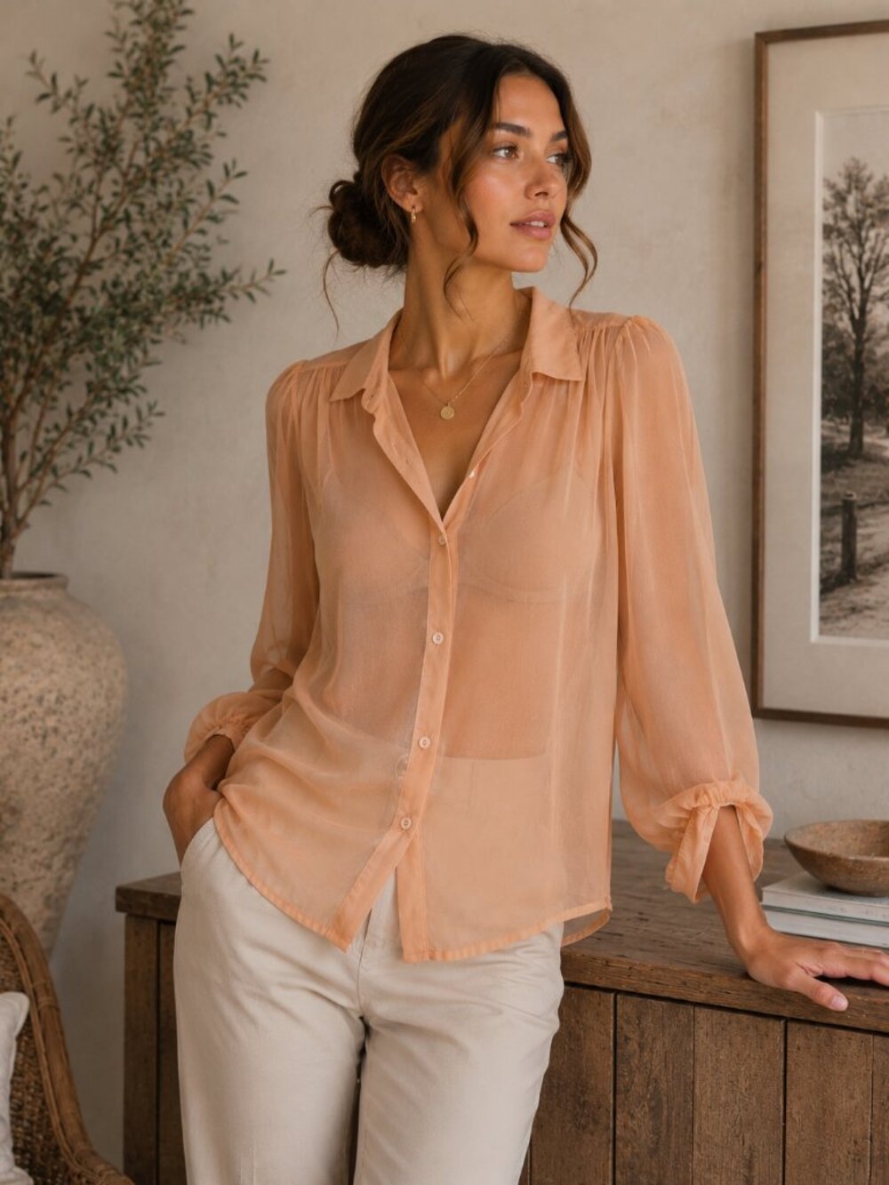 MinkPink Sheer Peach Button-Up Blouse | Balloon Sleeve | Size M